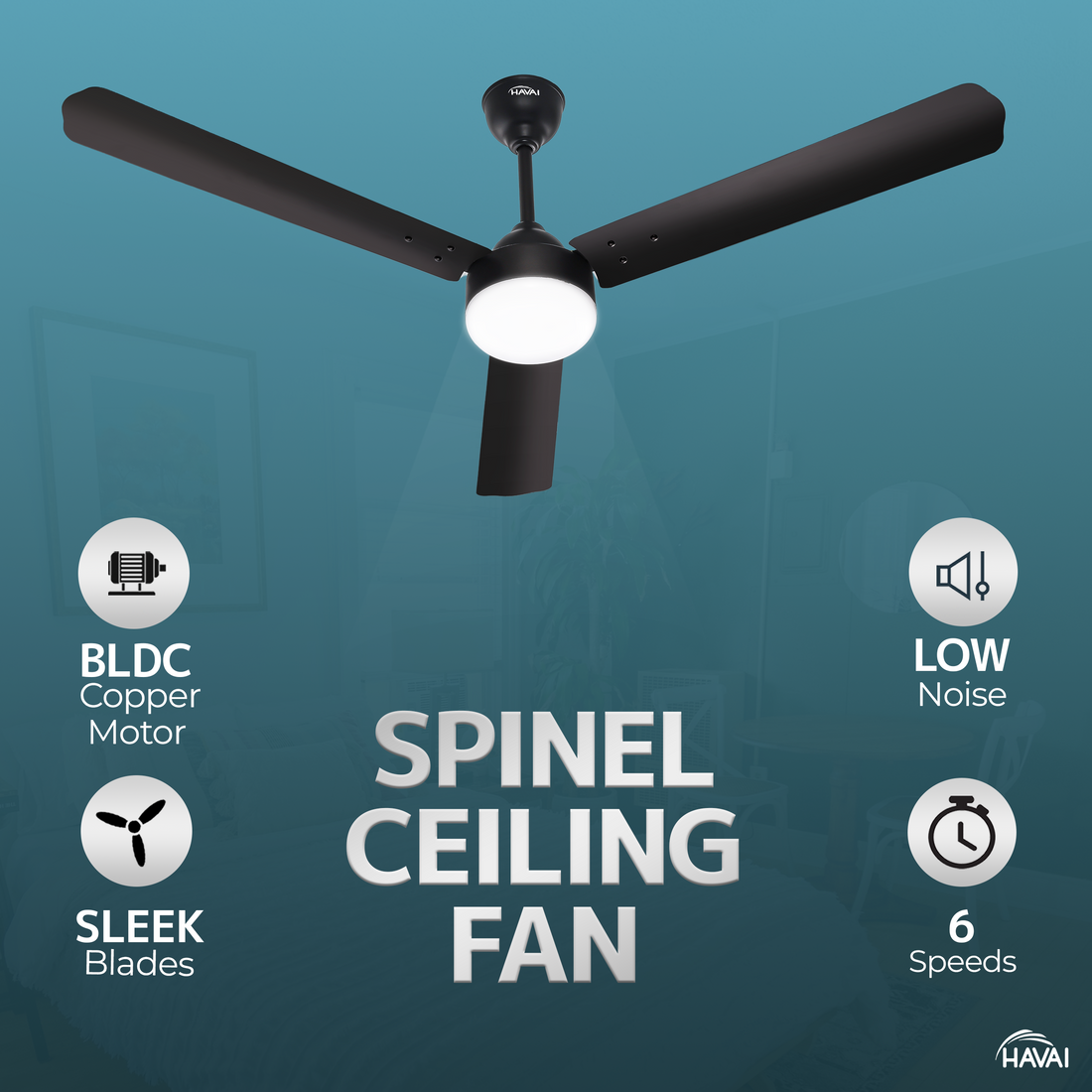 HAVAI Spinel BLDC Ceiling Fan 28W, 1200mm Blade with Remote - Smoky Brown, 0.5W LED