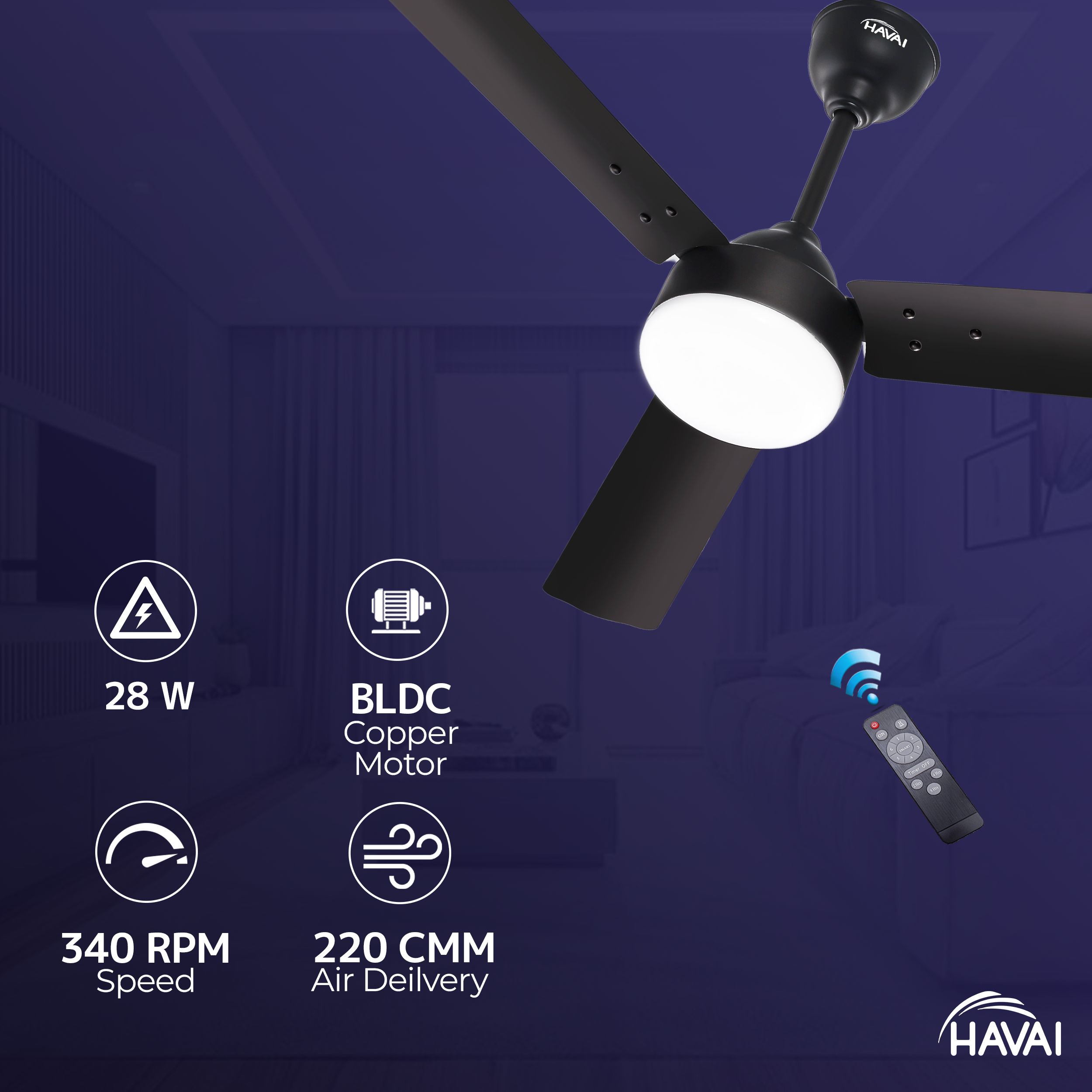 HAVAI Spinel BLDC Ceiling Fan 28W, 1200mm Blade with Remote - Smoky Brown, 0.5W LED