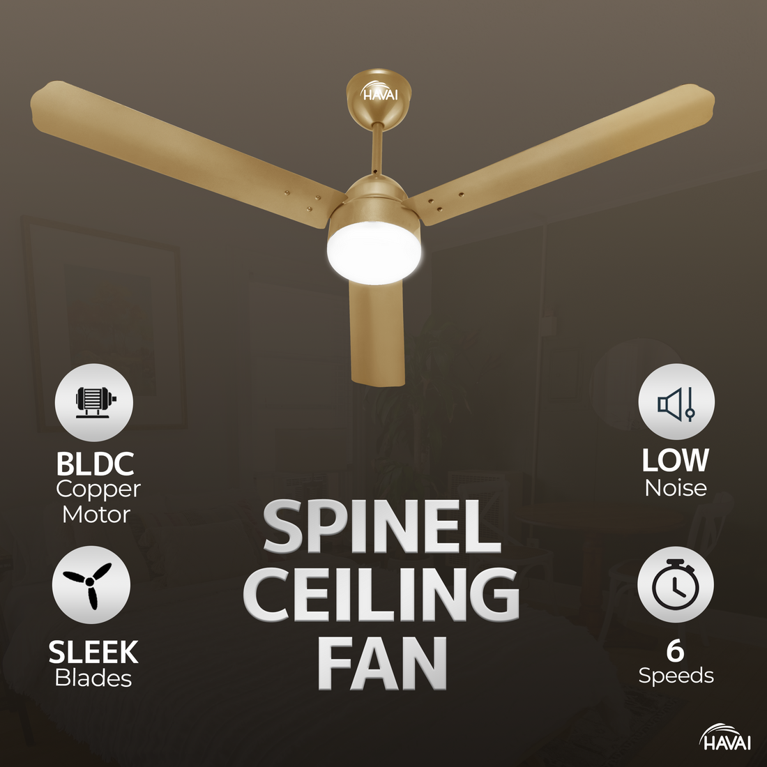 HAVAI Spinel BLDC Ceiling Fan 28W, 1200mm Blade with Remote - Champagne Yellow, 0.5W LED