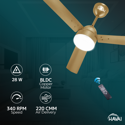 HAVAI Spinel BLDC Ceiling Fan 28W, 1200mm Blade with Remote - Champagne Yellow, 0.5W LED