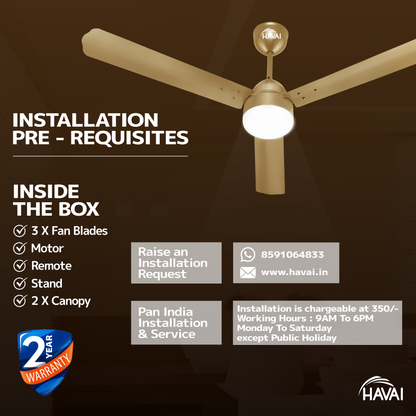 HAVAI Spinel BLDC Ceiling Fan 28W, 1200mm Blade with Remote - Champagne Yellow, 0.5W LED