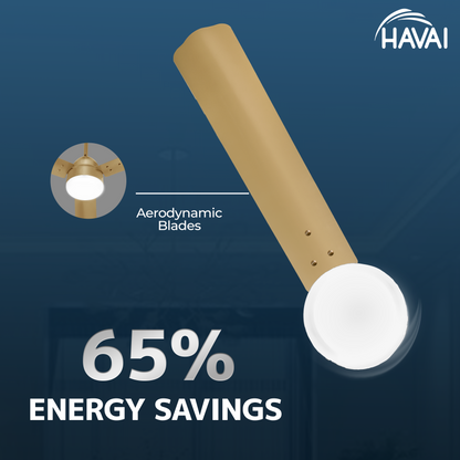 HAVAI Spinel BLDC Ceiling Fan 28W, 1200mm Blade with Remote - Champagne Yellow, 0.5W LED