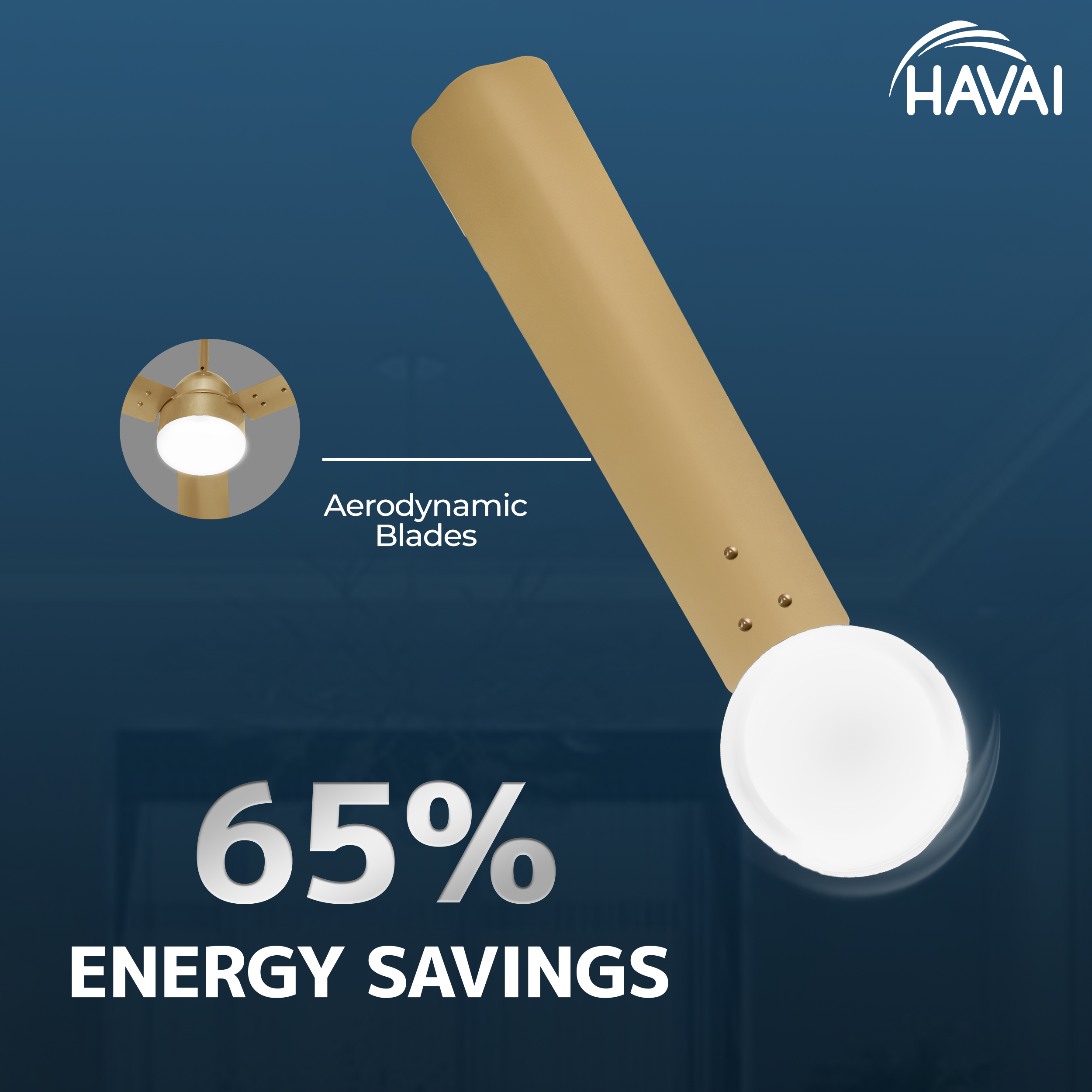 HAVAI Spinel BLDC Ceiling Fan 28W, 1200mm Blade with Remote - Champagne Yellow, 0.5W LED