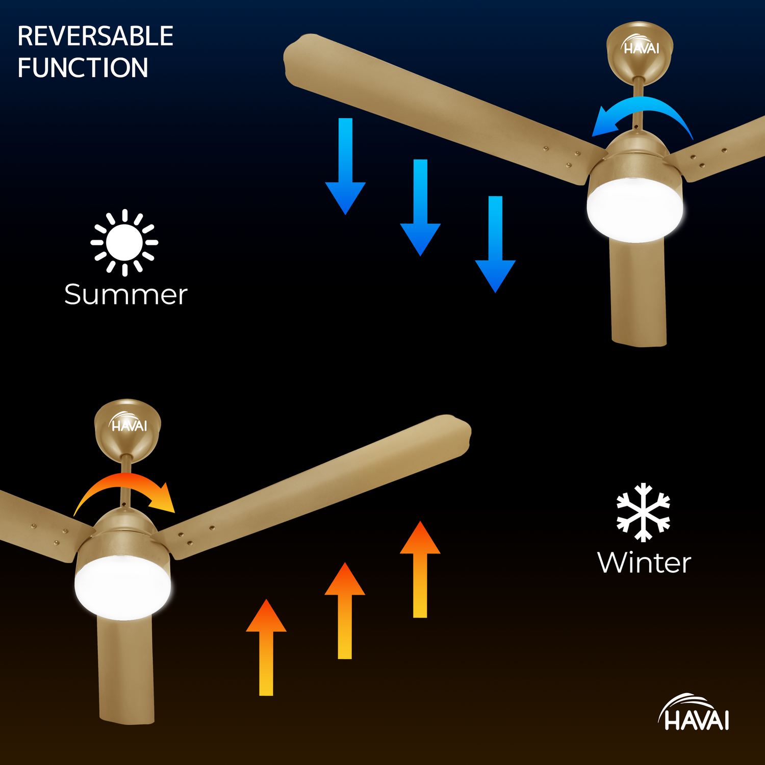 HAVAI Spinel BLDC Ceiling Fan 28W, 1200mm Blade with Remote - Champagne Yellow, 0.5W LED