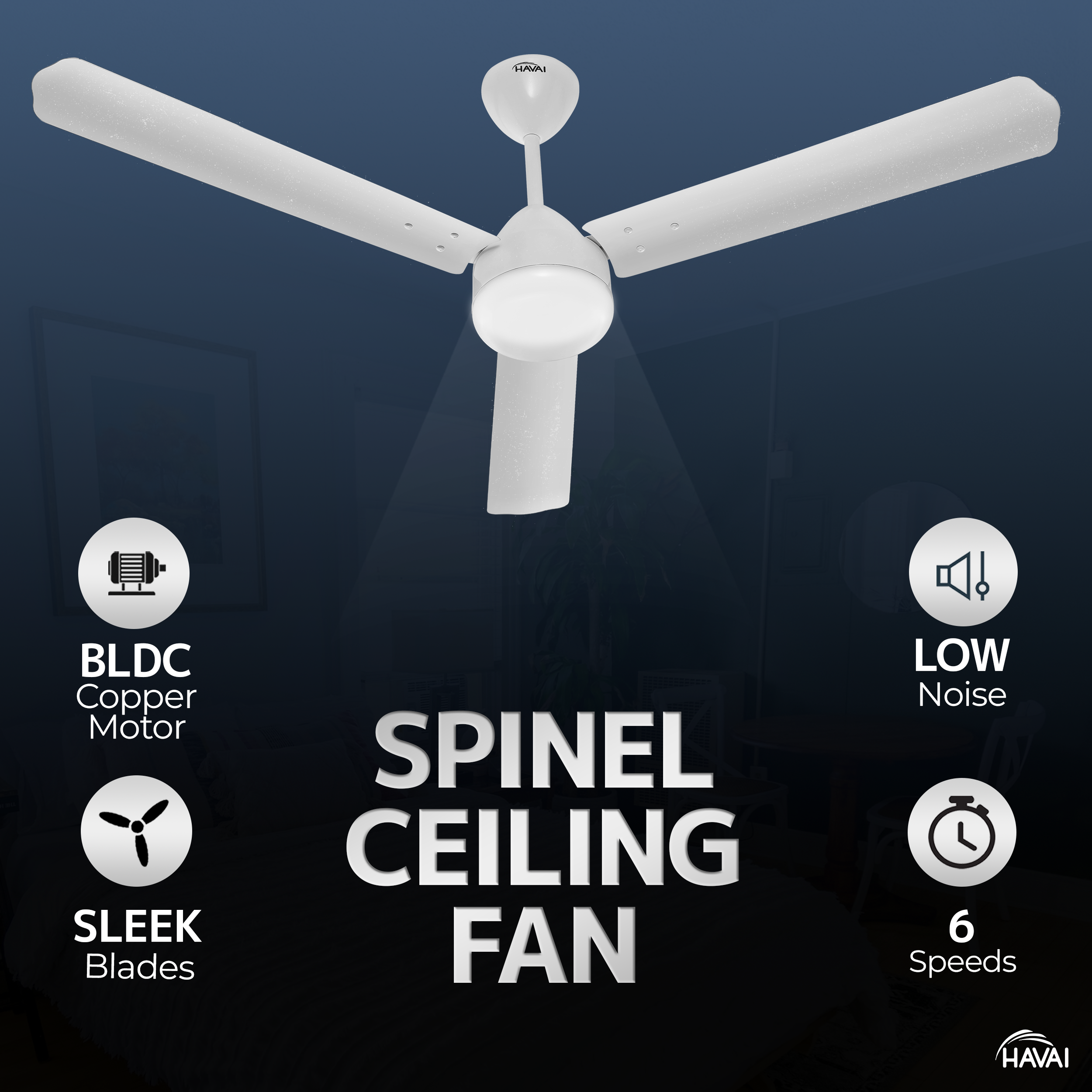 HAVAI Spinel BLDC Ceiling Fan 28W, 1200mm Blade with Remote - Pearl White,0.5W LED