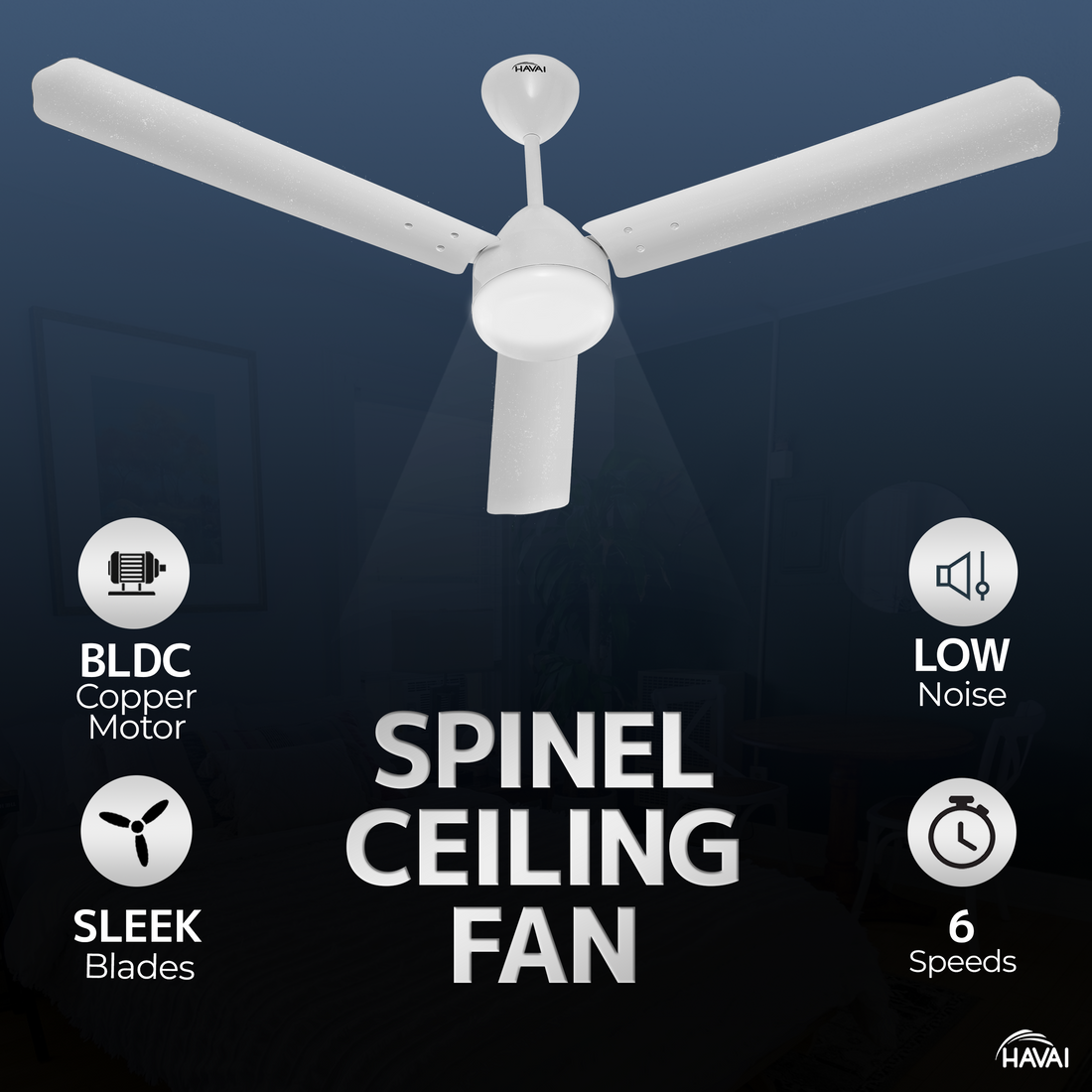 HAVAI Spinel BLDC Ceiling Fan 28W, 1200mm Blade with Remote - Pearl White,0.5W LED