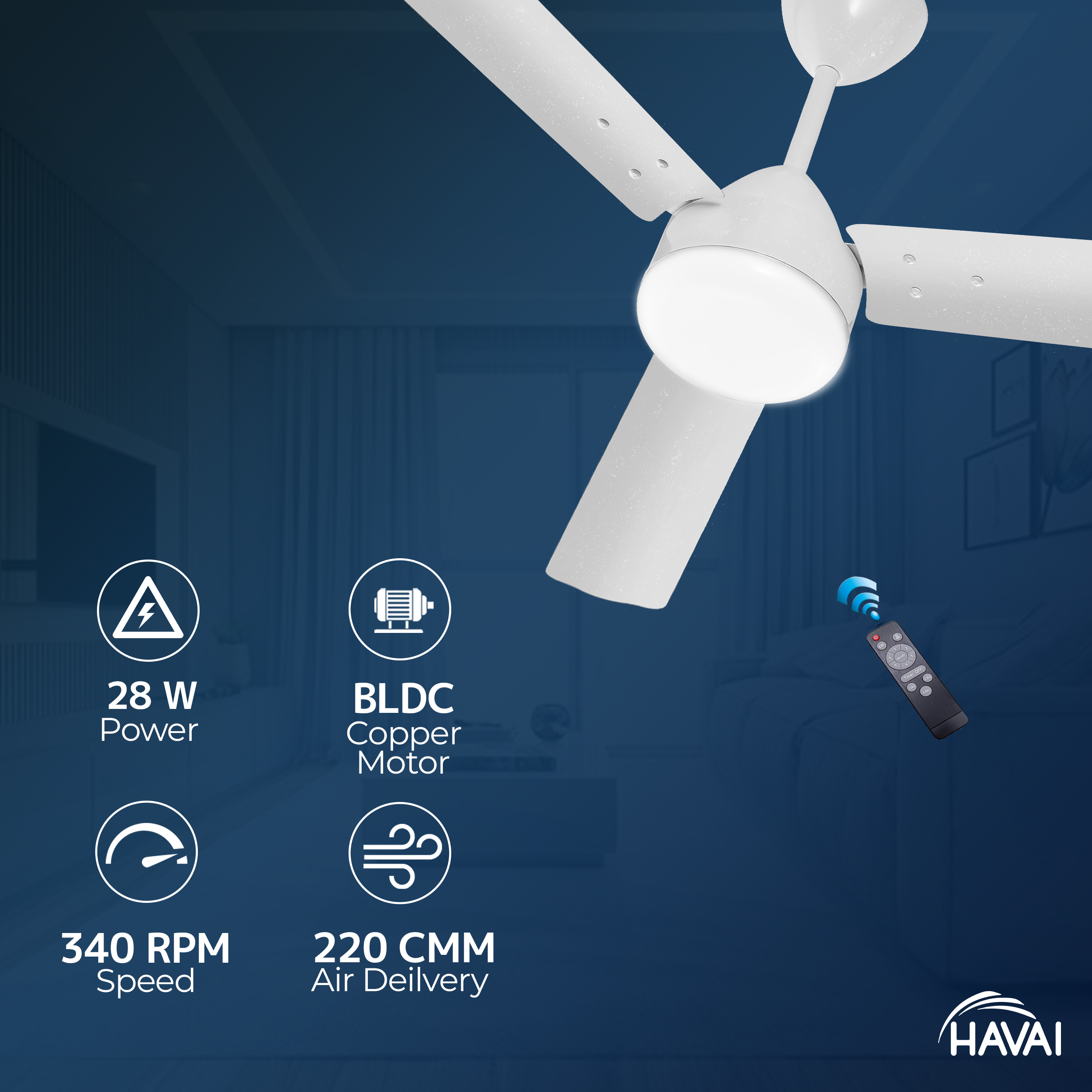 HAVAI Spinel BLDC Ceiling Fan 28W, 1200mm Blade with Remote - Pearl White,0.5W LED