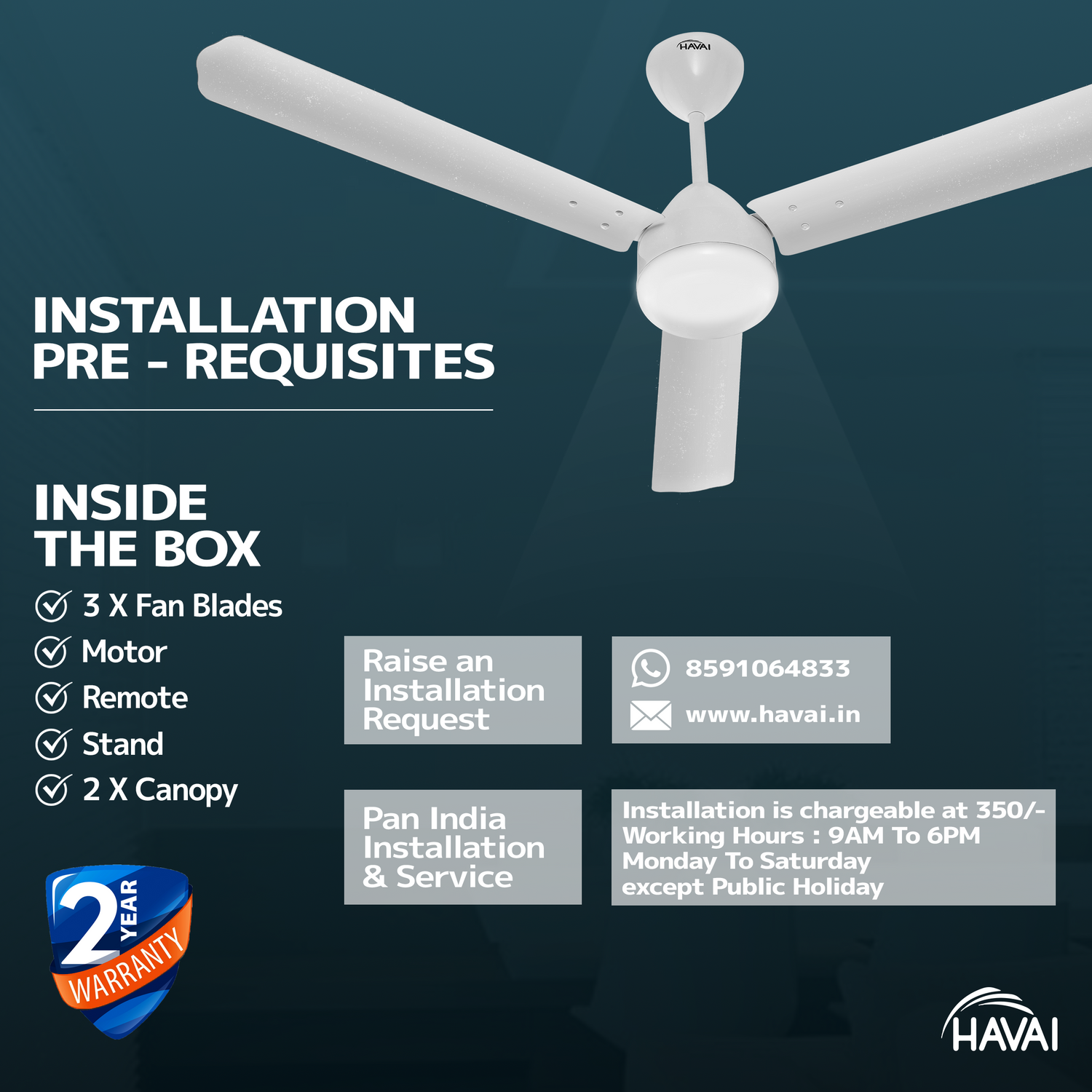 HAVAI Spinel BLDC Ceiling Fan 28W, 1200mm Blade with Remote - Pearl White,0.5W LED