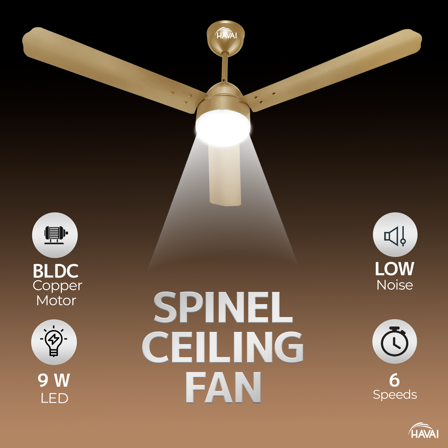 HAVAI Spinel BLDC Ceiling Fan 28W, 1200mm Blade with Remote - Champagne Yellow,9W LED Light