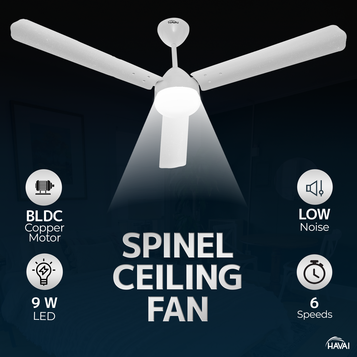 HAVAI Spinel BLDC Ceiling Fan 28W, 1200mm Blade with Remote - Pearl White,9W LED Light