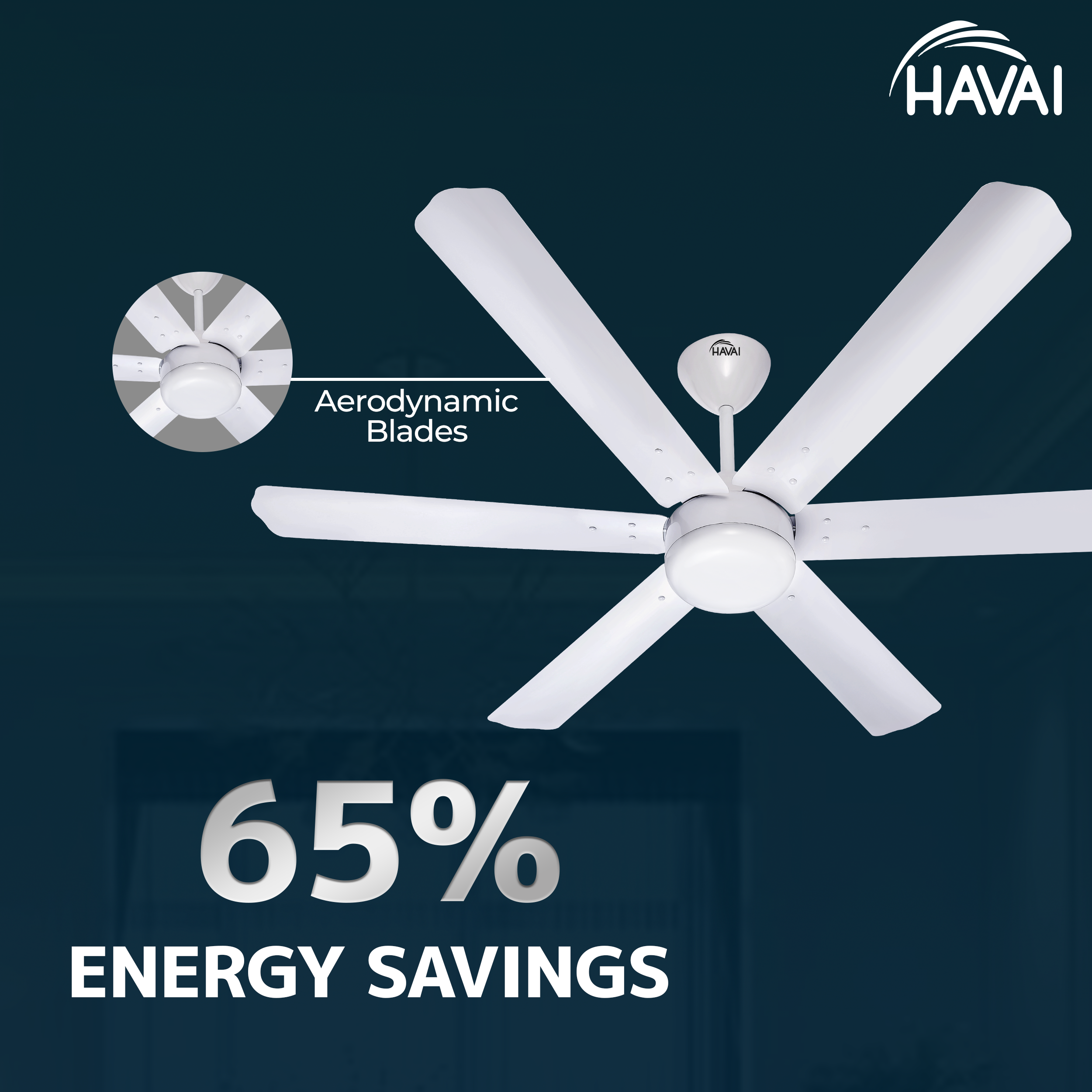 HAVAI Spinel BLDC Ceiling Fan 35W, 1200mm Blade with Remote - White,0.5W LED Light