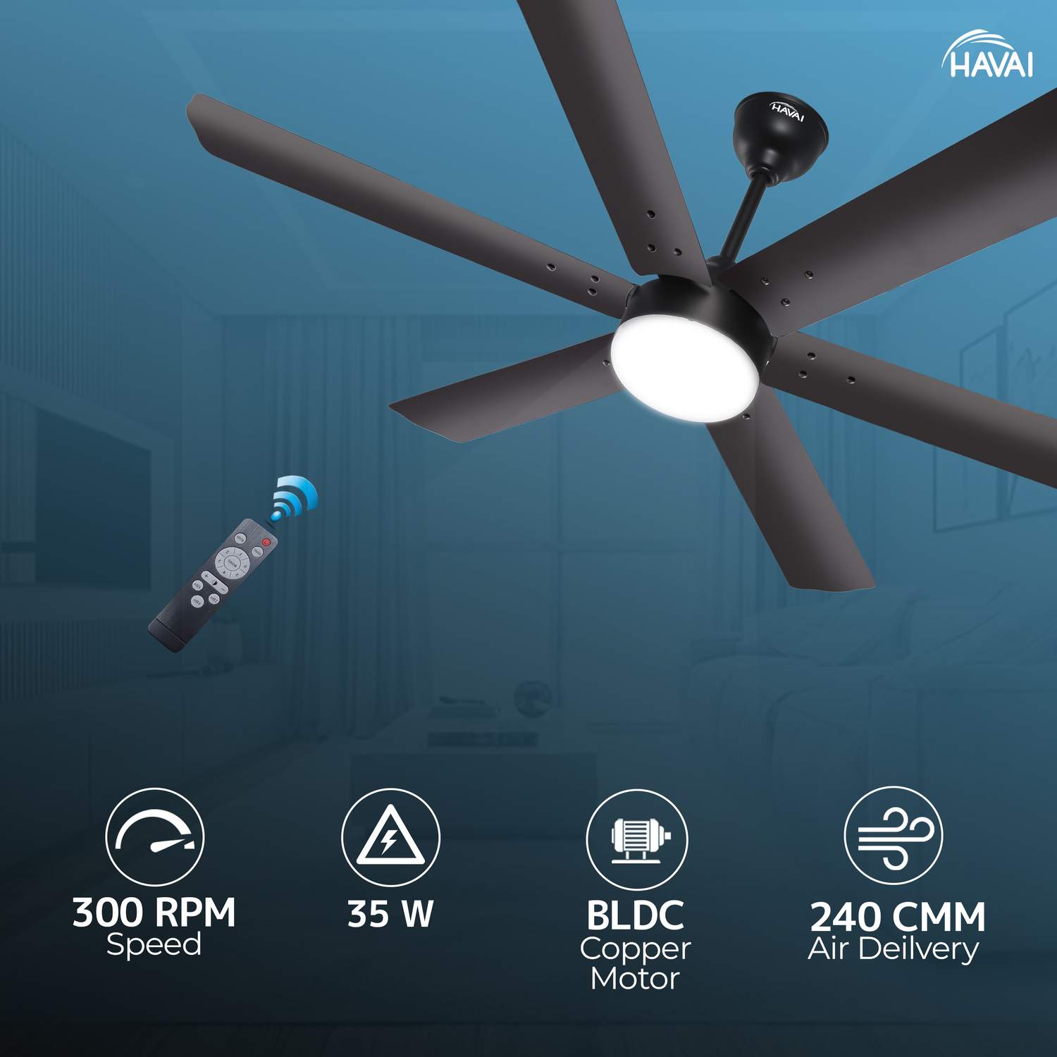 HAVAI Spinel BLDC Ceiling Fan 35W, 1200mm Blade with Remote - Smoky Brown,0.5W LED Light
