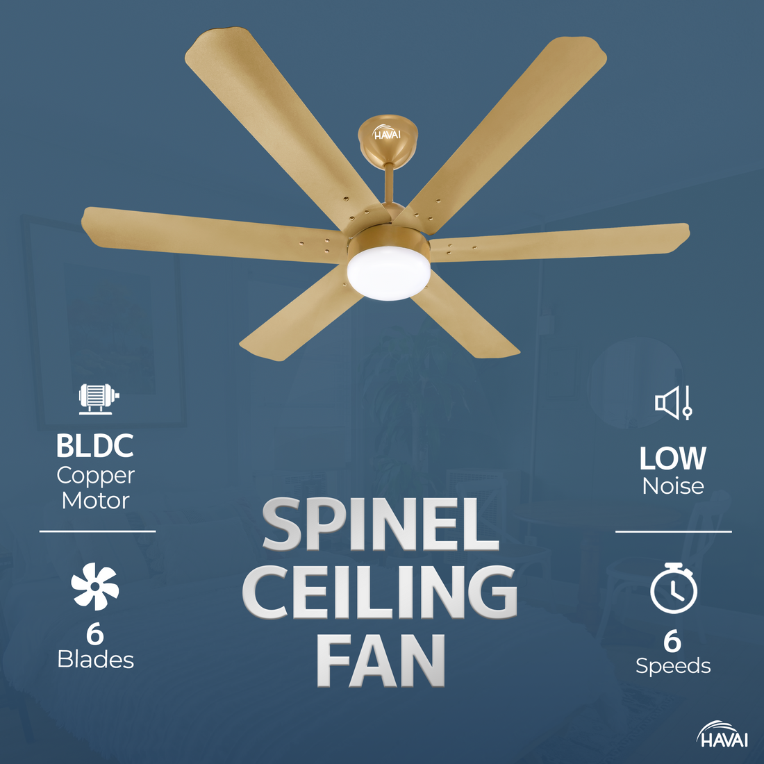 HAVAI Spinel BLDC Ceiling Fan 35W, 1200mm Blade with Remote - Champagne Yellow, 0.5W LED Light