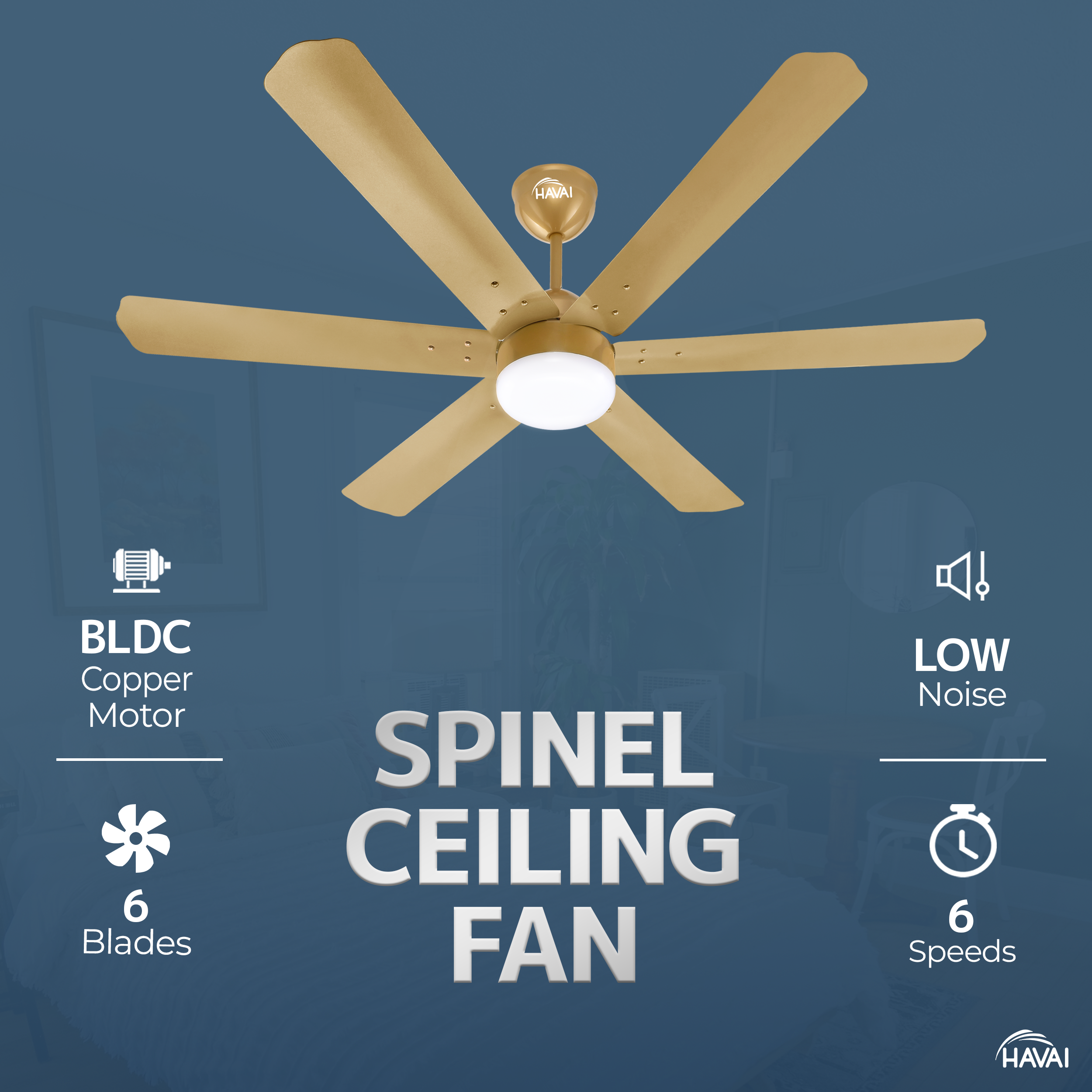 HAVAI Spinel BLDC Ceiling Fan 35W, 1200mm Blade with Remote - Champagne Yellow, 0.5W LED Light