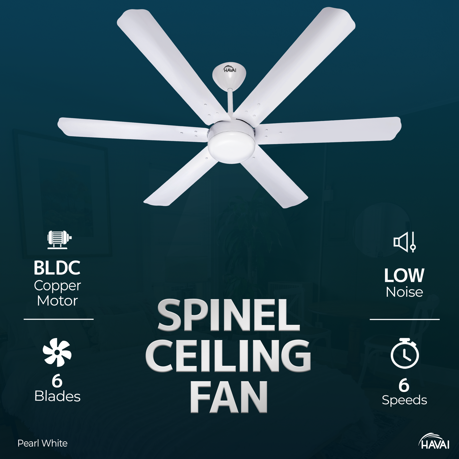 HAVAI Spinel BLDC Ceiling Fan 35W, 1200mm Blade with Remote - Pearl White,0.5W LED Light