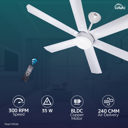 HAVAI Spinel BLDC Ceiling Fan 35W, 1200mm Blade with Remote - Pearl White,0.5W LED Light
