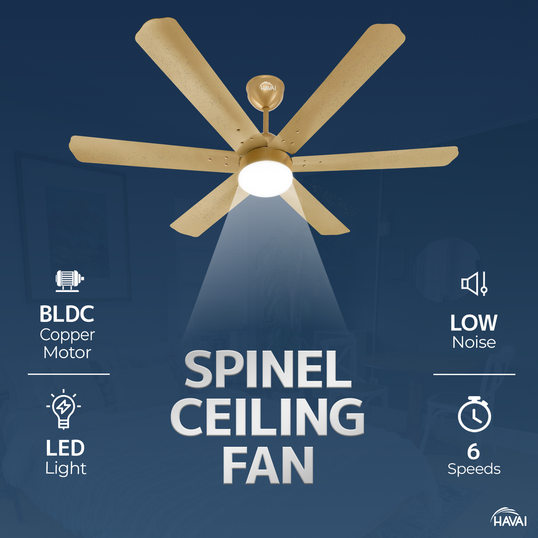 HAVAI Spinel BLDC Ceiling Fan 35W, 1200mm Blade with Remote - Champagne Yellow, 9W LED Light