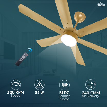 HAVAI Spinel BLDC Ceiling Fan 35W, 1200mm Blade with Remote - Champagne Yellow, 9W LED Light