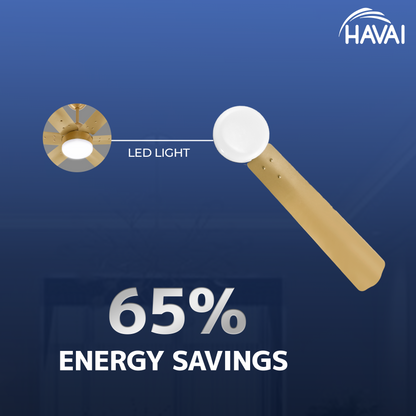 HAVAI Spinel BLDC Ceiling Fan 35W, 1200mm Blade with Remote - Champagne Yellow, 9W LED Light