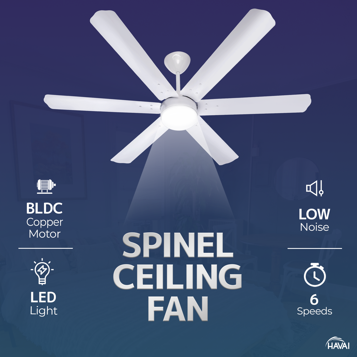 HAVAI Spinel BLDC Ceiling Fan 35W, 1200mm Blade with Remote - Pearl White, 9W LED Light