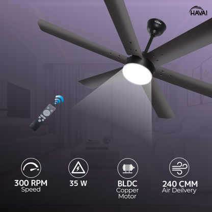 HAVAI Spinel BLDC Ceiling Fan 35W, 1200mm Blade with Remote - Smoky Brown,9W LED Light