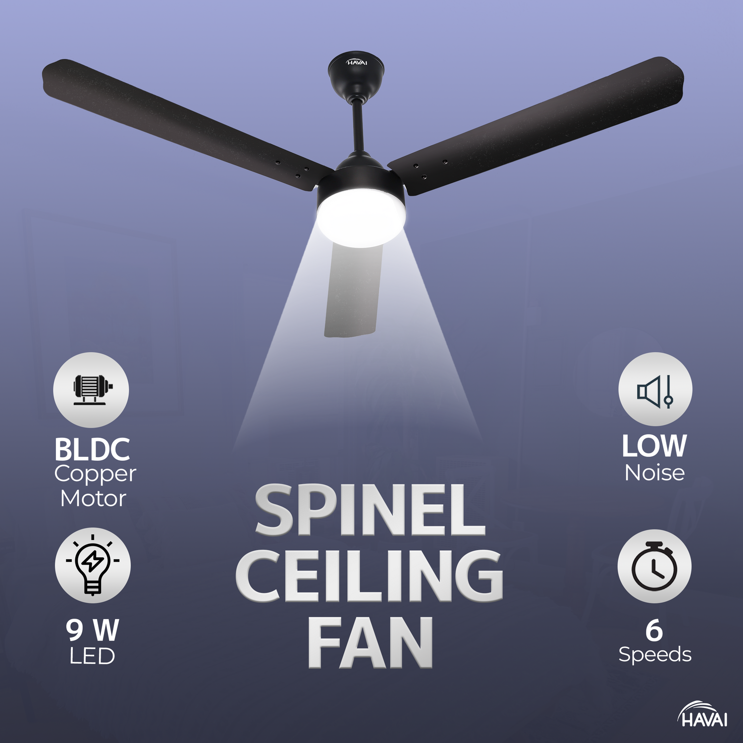 HAVAI Spinel BLDC Ceiling Fan 28W, 1200mm Blade with Remote - Smoky Brown,9W LED Light