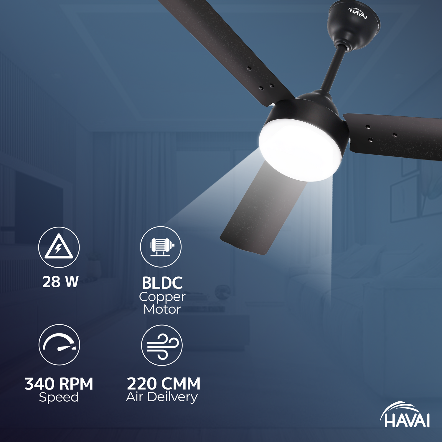 HAVAI Spinel BLDC Ceiling Fan 28W, 1200mm Blade with Remote - Smoky Brown,9W LED Light