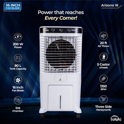 HAVAI Arizona 16 80L Desert Air Cooler with Ice Chamber | 16-Inch Aerodynamic Blade | 3-Side Thick Honeycomb Pads | 5 Castors for Extra Stability | 3300 m³/hr Air Delivery | 20 Ft Air Throw | 1 Year On-Site Warranty
