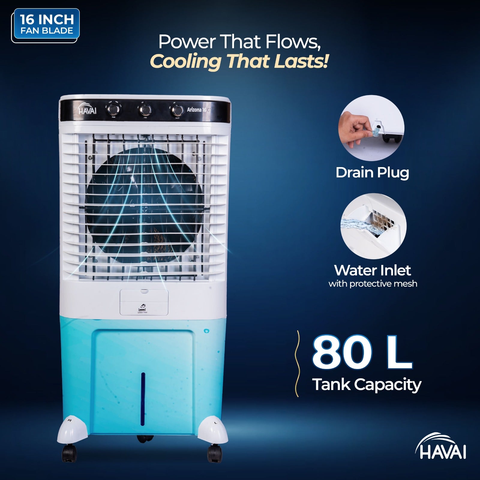 HAVAI Arizona 16 80L Desert Air Cooler with Ice Chamber | 16-Inch Aerodynamic Blade | 3-Side Thick Honeycomb Pads | 5 Castors for Extra Stability | 3300 m³/hr Air Delivery | 20 Ft Air Throw | 1 Year On-Site Warranty