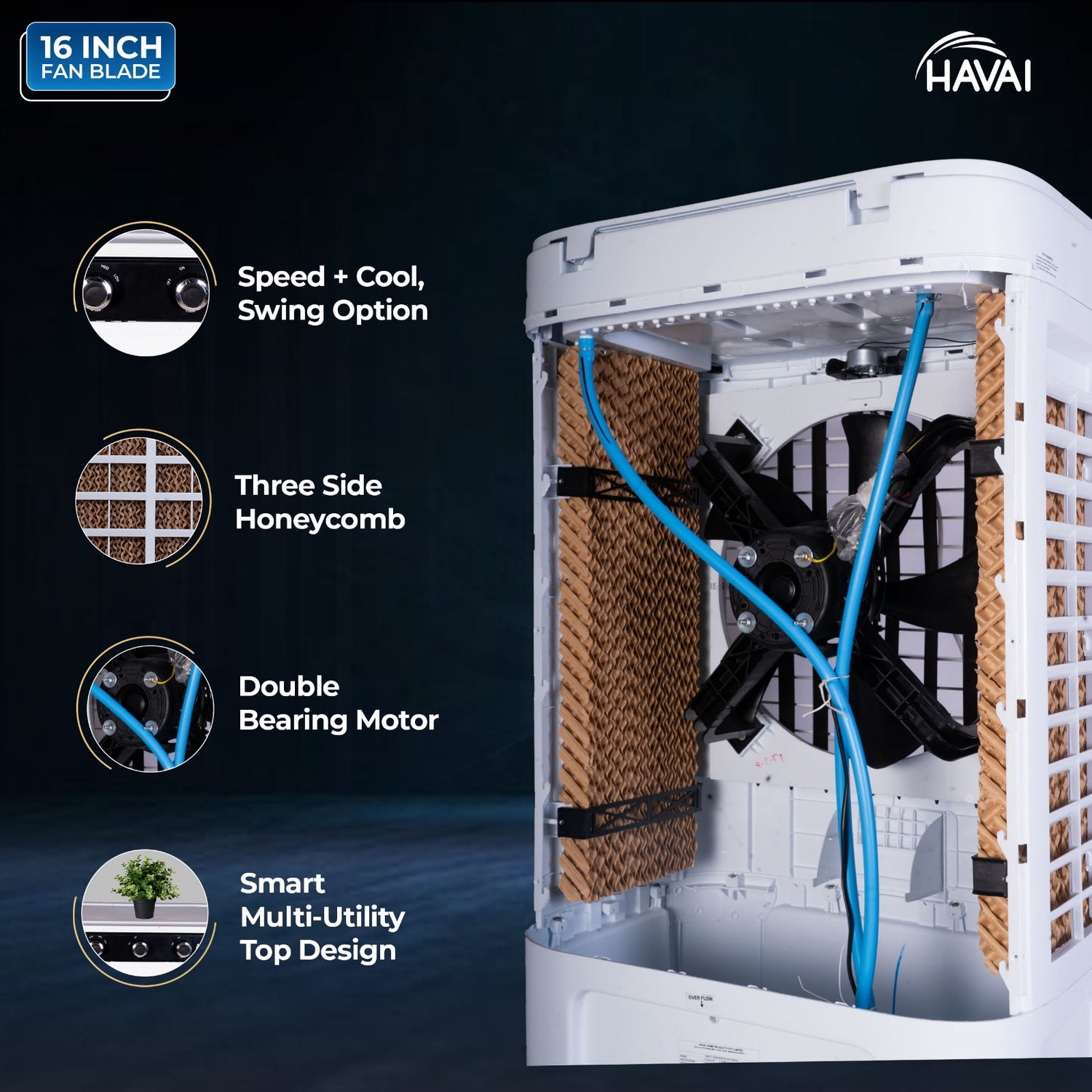HAVAI Arizona 16 80L Desert Air Cooler with Ice Chamber | 16-Inch Aerodynamic Blade | 3-Side Thick Honeycomb Pads | 5 Castors for Extra Stability | 3300 m³/hr Air Delivery | 20 Ft Air Throw | 1 Year On-Site Warranty