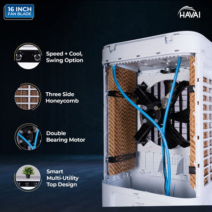 HAVAI Arizona 16 80L Desert Air Cooler with Ice Chamber | 16-Inch Aerodynamic Blade | 3-Side Thick Honeycomb Pads | 5 Castors for Extra Stability | 3300 m³/hr Air Delivery | 20 Ft Air Throw | 1 Year On-Site Warranty