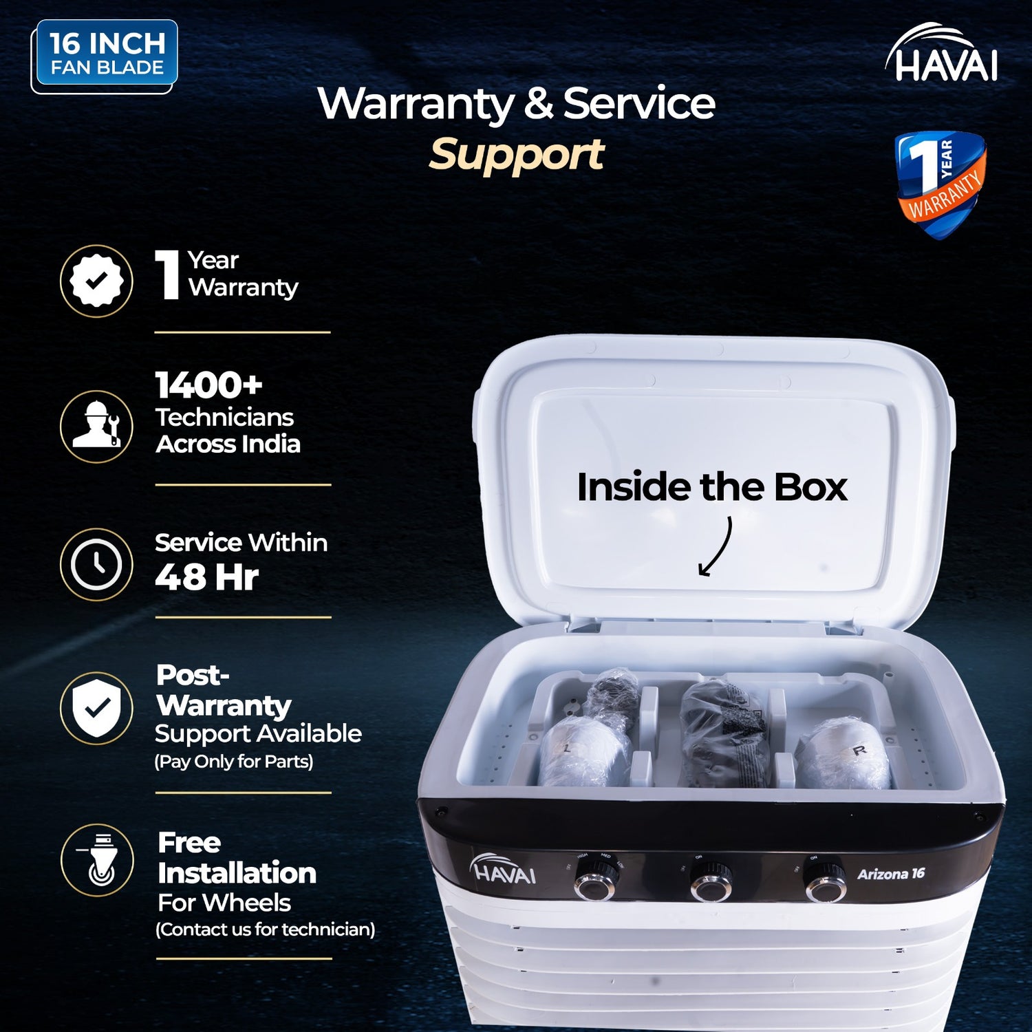 HAVAI Arizona 16 80L Desert Air Cooler with Ice Chamber | 16-Inch Aerodynamic Blade | 3-Side Thick Honeycomb Pads | 5 Castors for Extra Stability | 3300 m³/hr Air Delivery | 20 Ft Air Throw | 1 Year On-Site Warranty