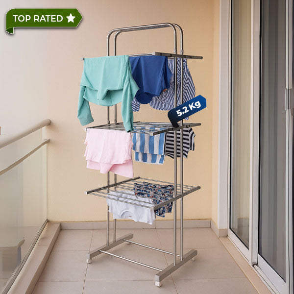 DryNest by HAVAI – 5.2 KG Heavy Duty 3-Tier Foldable Cloth Drying Stand | Premium Stainless Steel Rack with Strong Steel Rods for Indoor &amp; Outdoor Use | Clothes Stand for Balcony &amp; Home Drying