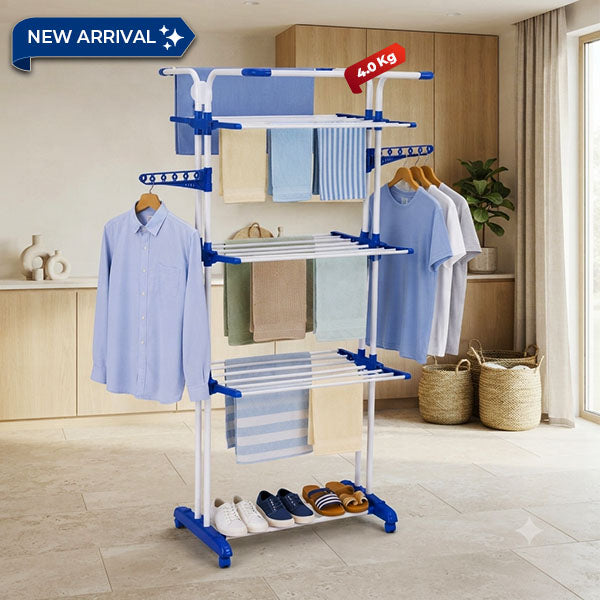 HAVAI Premium 4 Tier Stainless Steel Foldable Clothes Drying Stand with 6 Wheels | Heavy Duty Laundry Drying Rack for Indoor &amp; Outdoor Use | Rust Resistant | Space Saving Design