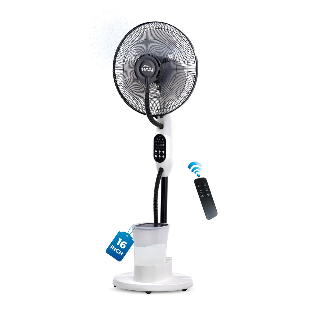 HAVAI Blu Mist Pedestal Fan – 16&quot; Residential Mist Fan | Remote Control | 2.8 Litre Tank | Installation Included (White, Pack of 1)