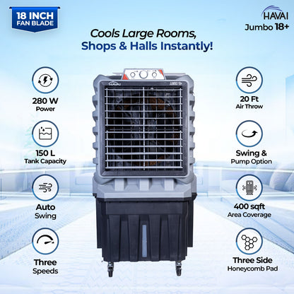 HAVAI Jumbo 18+ Massey Desert Cooler | 150L | 18-Inch Fan | Heavy-Duty 41mm Motor | 3-Side Honeycomb Pads | Auto Swing | Castor Wheels | 230V, 280W | White &amp; Grey