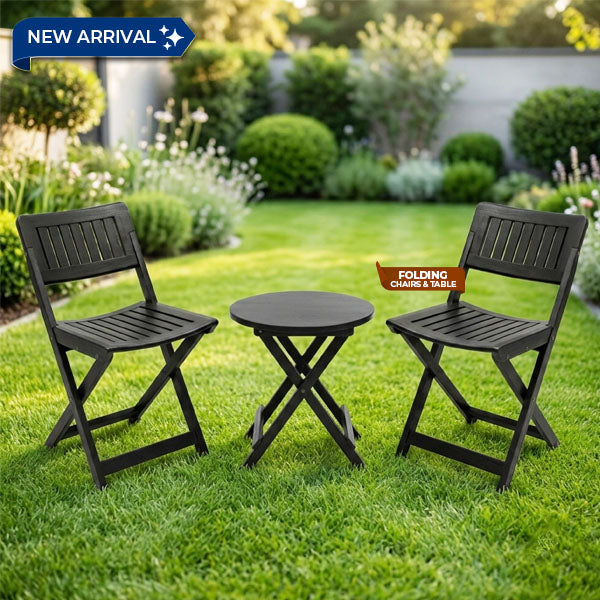 HAVAI Teakwood Foldable Balcony Furniture Set | 2 Chairs &amp; 1 Table | Premium Solid Teak Wood Outdoor Patio Set | Garden, Balcony, Terrace &amp; Cafe Furniture | Pre-Assembled Natural Wood Finish (BLACK)