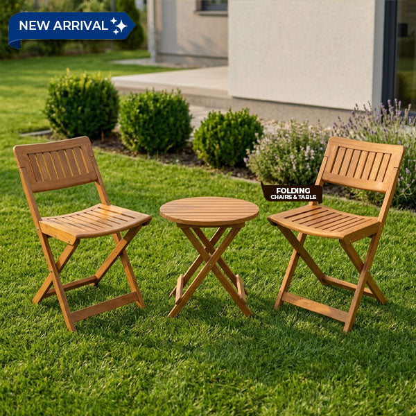 HAVAI Teakwood Foldable Balcony Furniture Set | 2 Chairs &amp; 1 Table | Premium Solid Teak Wood Outdoor Patio Set | Garden, Balcony, Terrace &amp; Cafe Furniture | Pre-Assembled Natural Wood Finish (BROWN)