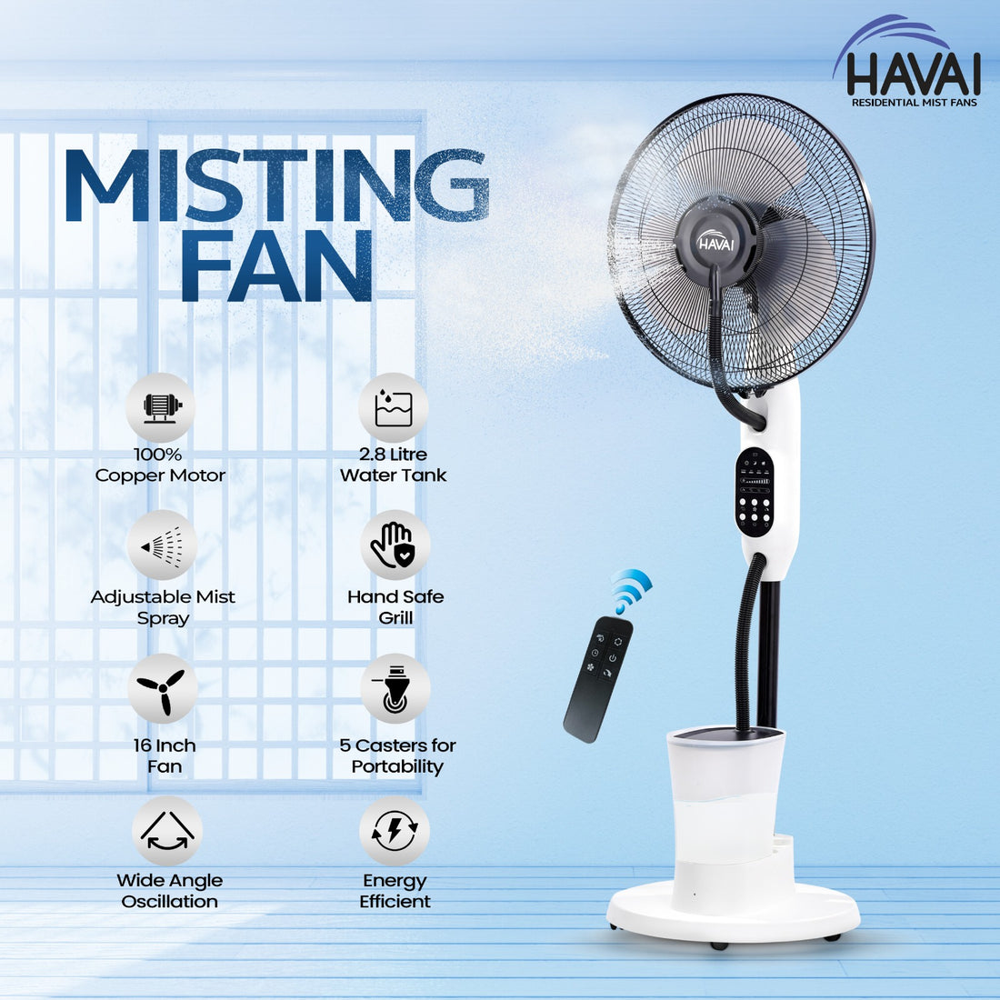 HAVAI Blu Mist Pedestal Fan – 16&quot; Residential Mist Fan | Remote Control | 2.8 Litre Tank | Installation Included (White, Pack of 1)