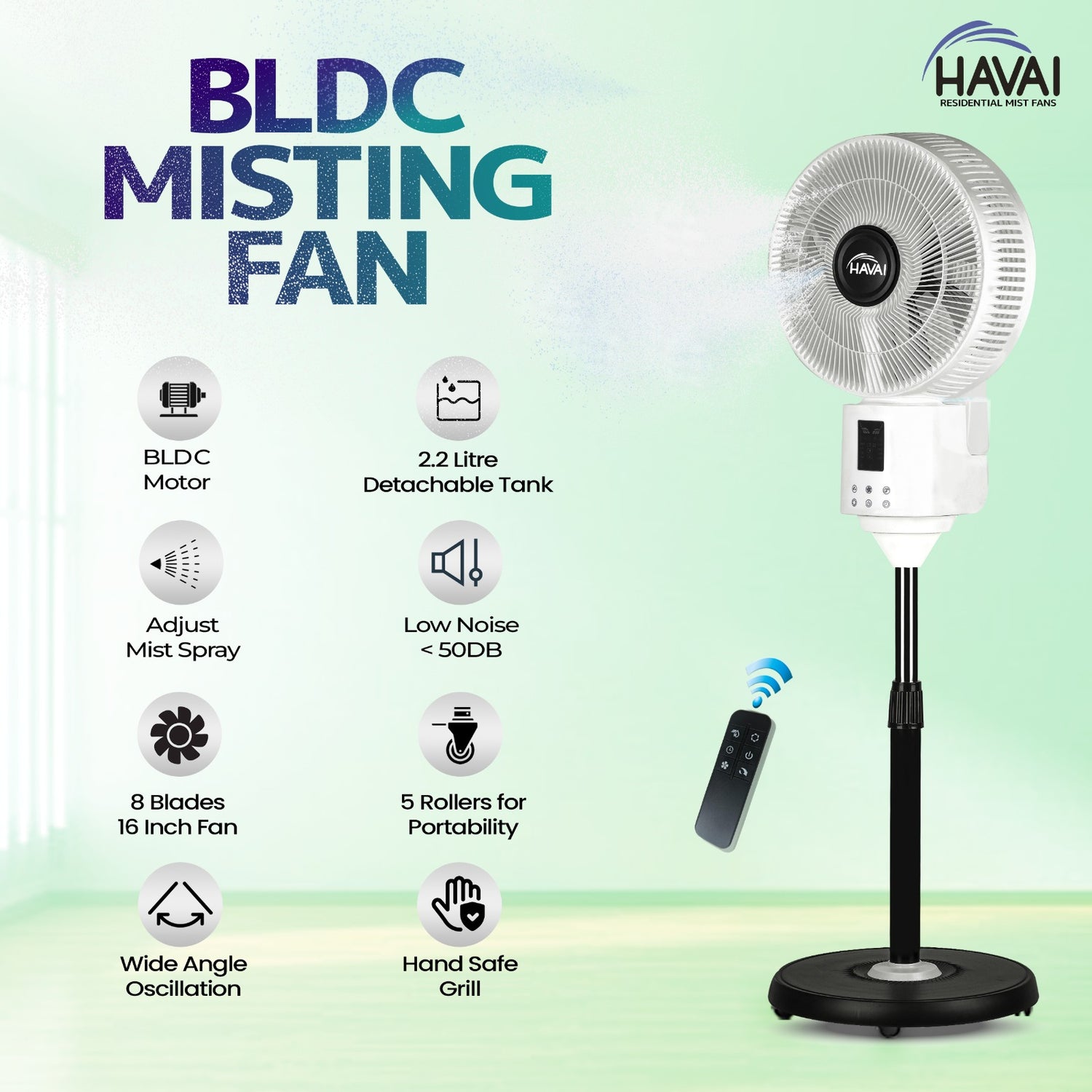 HAVAI BLU X BLDC Mist Pedestal Fan – 16” Residential BLDC Mist Fan|Low Noise|Remote and Touch Enabled|2.2 Litre Detachable Tank | Installation Included (White, Pack of 1)