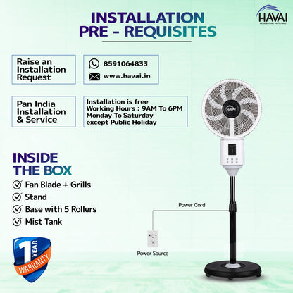 HAVAI BLU X BLDC Mist Pedestal Fan – 16” Residential BLDC Mist Fan|Low Noise|Remote and Touch Enabled|2.2 Litre Detachable Tank | Installation Included (White, Pack of 1)