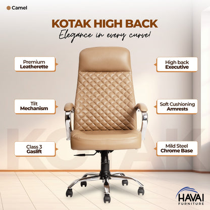 HAVAI Prime High Back Office Chair | Ergonomic Executive Chair |  Premium Leather | Single Lock Tilt Mechanism |  Mild Steel Chrome Base &amp; Arms | Class 4 Gaslift |  50mm Casters | High-Density Back &amp; Seat Cushion (Camel)