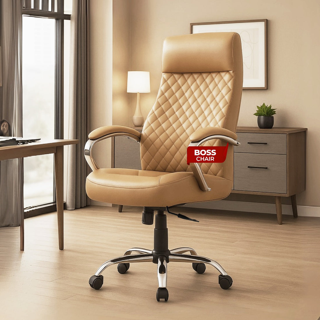 HAVAI Prime High Back Office Chair | Ergonomic Executive Chair | Premium Leather | Single Lock Tilt Mechanism | Mild Steel Chrome Base & Arms | Class 4 Gaslift | 50mm Casters | High-Density Back & Seat Cushion (Camel)