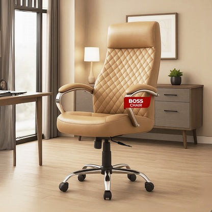 HAVAI Prime High Back Office Chair | Ergonomic Executive Chair |  Premium Leather | Single Lock Tilt Mechanism |  Mild Steel Chrome Base &amp; Arms | Class 4 Gaslift |  50mm Casters | High-Density Back &amp; Seat Cushion (Camel)