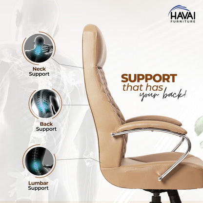 HAVAI Prime High Back Office Chair | Ergonomic Executive Chair |  Premium Leather | Single Lock Tilt Mechanism |  Mild Steel Chrome Base &amp; Arms | Class 4 Gaslift |  50mm Casters | High-Density Back &amp; Seat Cushion (Camel)