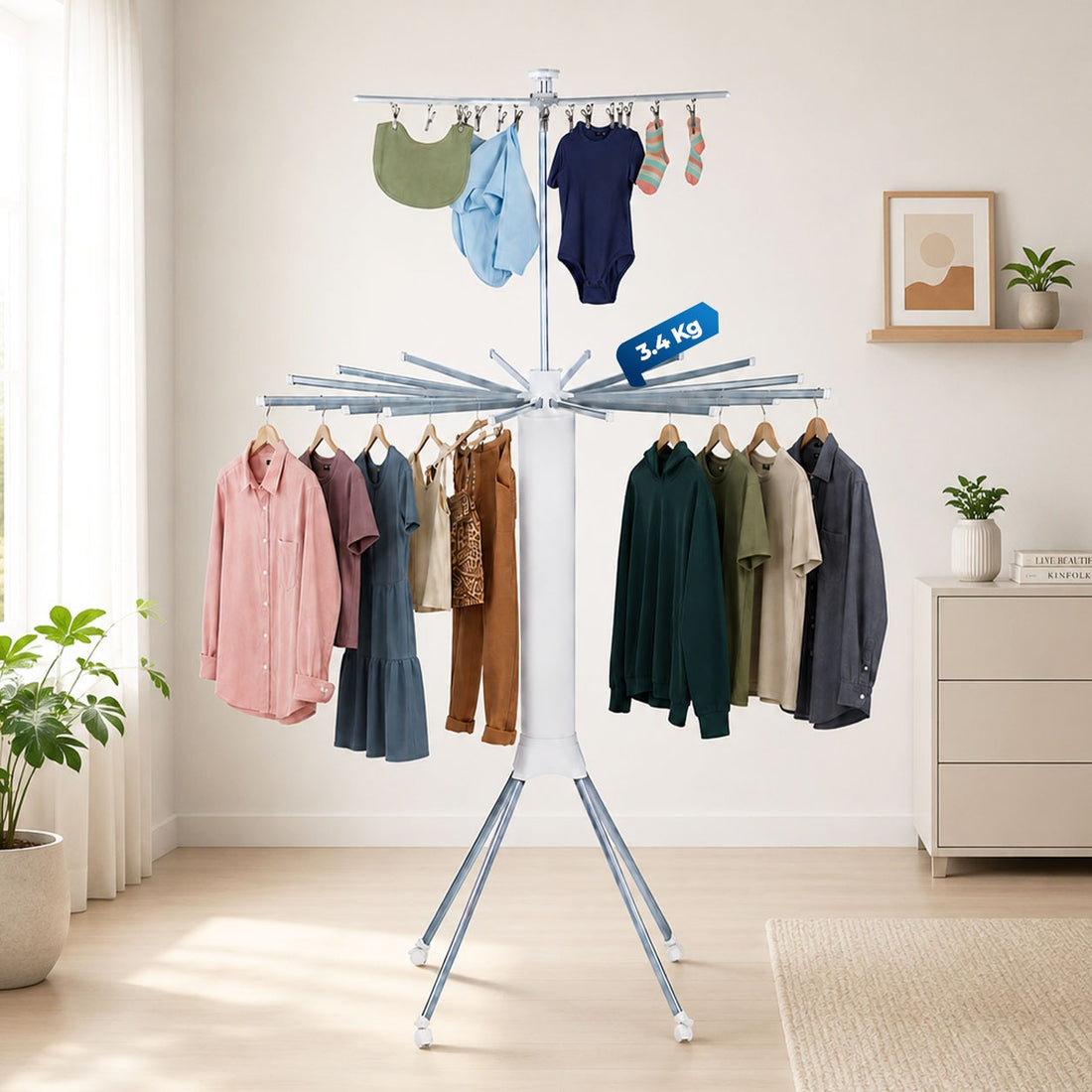 HAVAI Octopus Essential Foldable Rotating Clothes Drying Stand | 360° Multi-Layer Laundry Drying Rack with Lockable Wheels | Heavy Duty Stainless Steel Clothes Hanger | Space Saving Cloth Dryer
