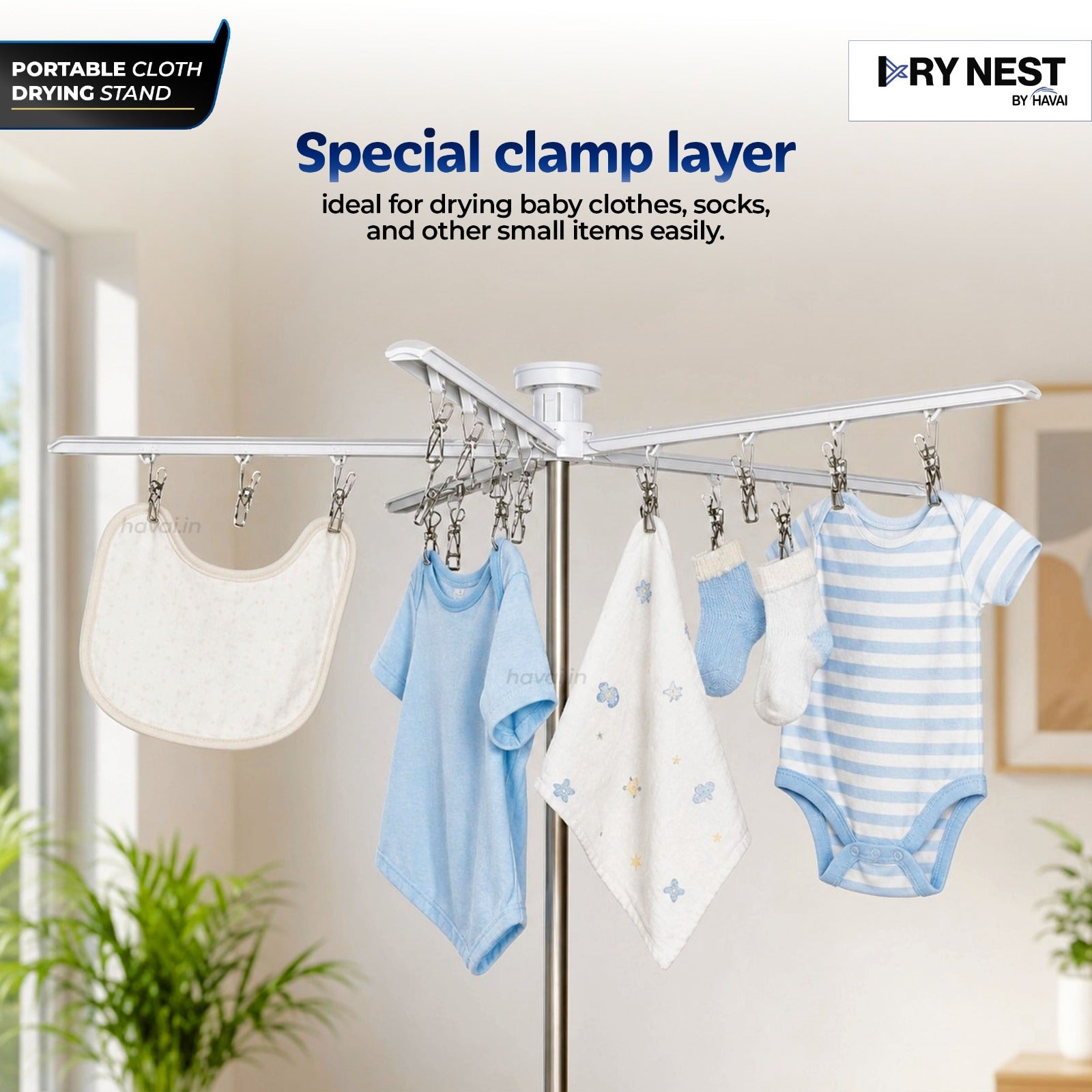 HAVAI Octopus Essential Foldable Rotating Clothes Drying Stand | 360° Multi-Layer Laundry Drying Rack with Lockable Wheels | Heavy Duty Stainless Steel Clothes Hanger | Space Saving Cloth Dryer