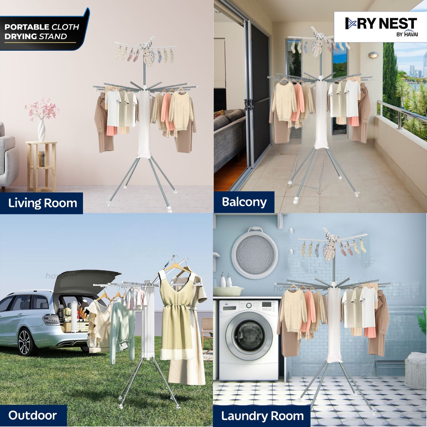 HAVAI Octopus Essential Foldable Rotating Clothes Drying Stand | 360° Multi-Layer Laundry Drying Rack with Lockable Wheels | Heavy Duty Stainless Steel Clothes Hanger | Space Saving Cloth Dryer
