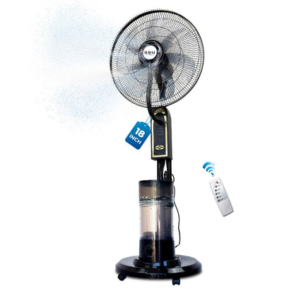 HAVAI RED X 18" BLDC Mist Pedestal Fan – High-Speed, Remote &amp; Touch Control, 4.5L Tank, 75W Power, 350 Sq Ft Coverage, Easy Install, Black