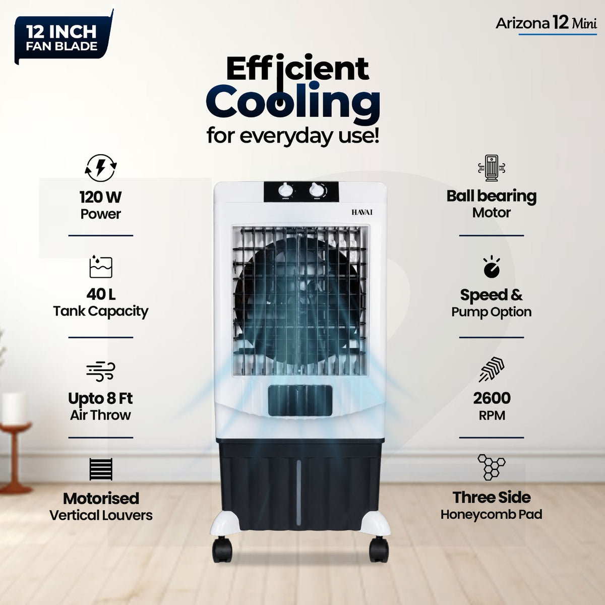 HAVAI Arizona 12 inch Mini Tower Air Cooler | 40L |150 sq ft Rooms |8 ft Throw